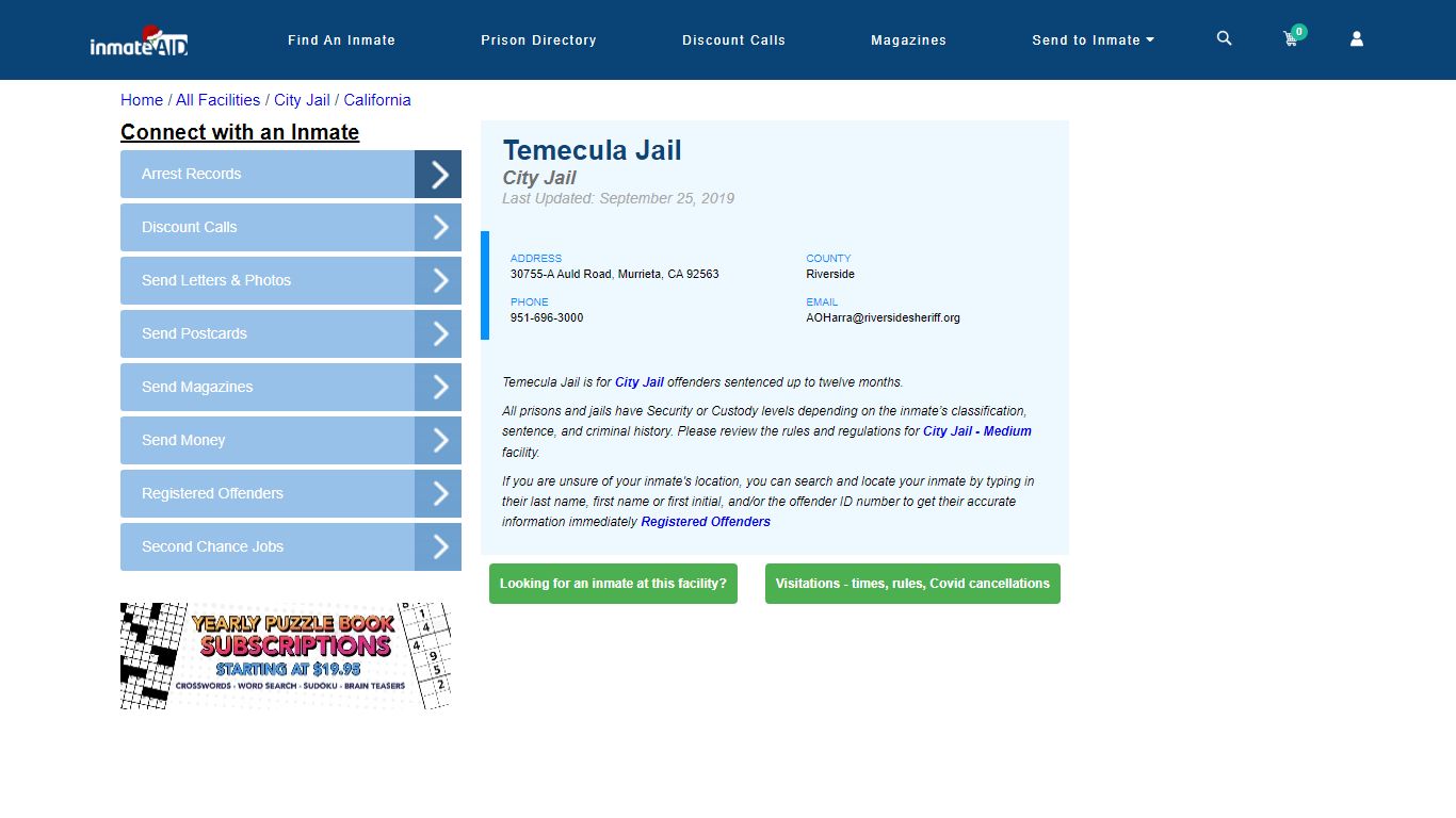 Temecula Jail | Inmate Locator