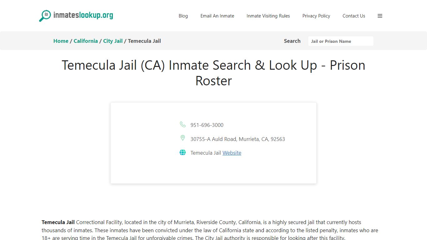 Temecula Jail (CA) Inmate Search & Look Up - Prison Roster
